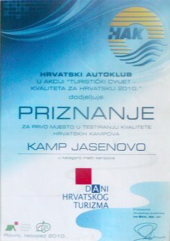 Oasis Camping Kamp Jasenovo - Priznanje