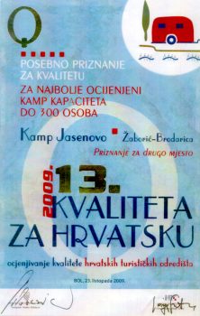 Oasis Camping Kamp Jasenovo - Priznanje