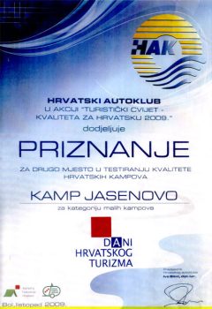 Oasis Camping Kamp Jasenovo - Priznanje
